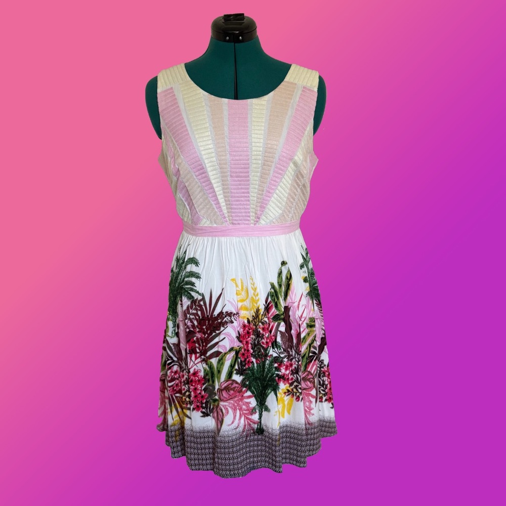 Esley Pink and White Tropical Midi Dress